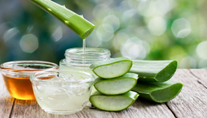Ingredientes naturais como babosa e mel usados para receita caseira de hidratação do cabelo.
